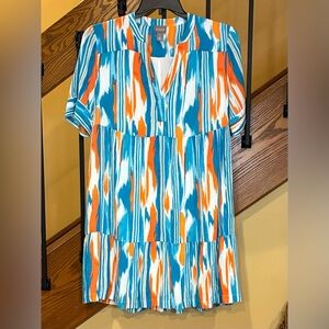 Chico’s Striped Multi Ikat Tiered Dress Pockets Lined Blue Bliss SZ. 1/ US 8-10